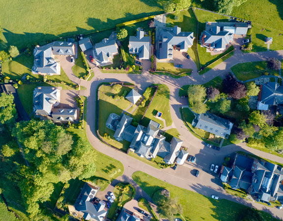 luxury countryside rural village aerial view from above in UK